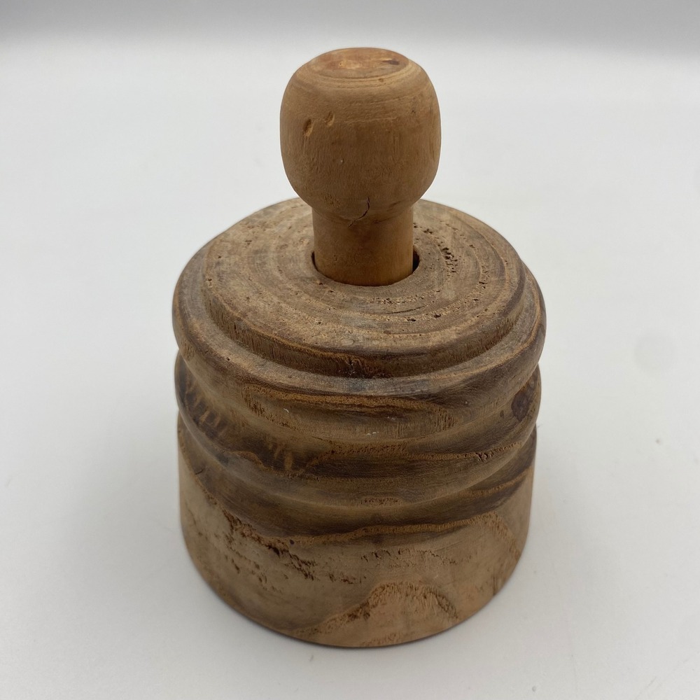 Antique Primitive Wooden Butter Mold Hand Carved Flower Design Plunger 4.5 Inch - Picture 2 of 7